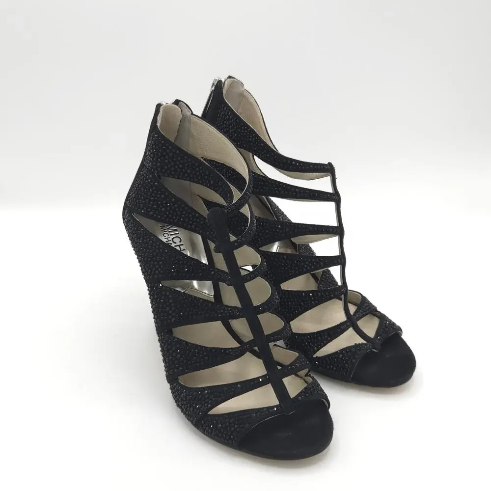MICHAEL KORS Women's Caged Sparkle Heels Black Tan  Zip Up Stiletto Size 6